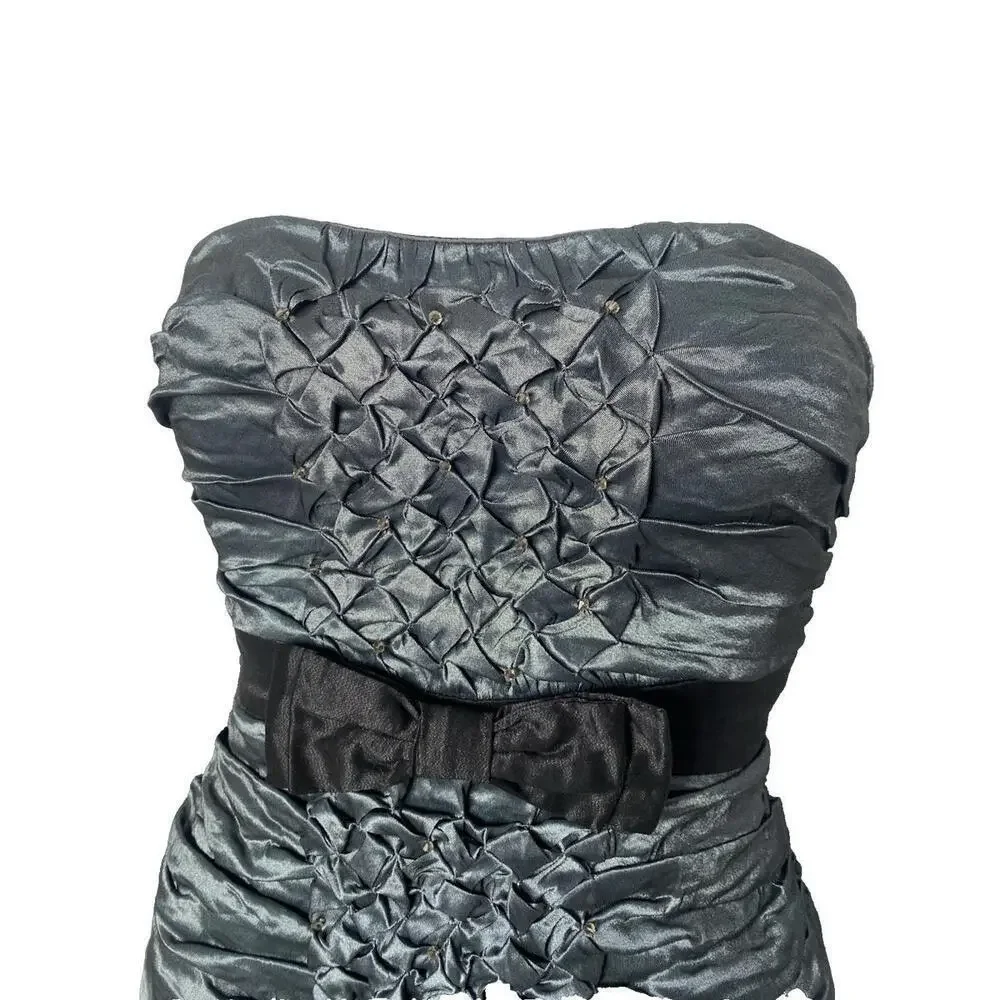 NWT $398 BCBG Max Azria Metallic Gray Strapless Rushed Bow Dress Size 0 XS
